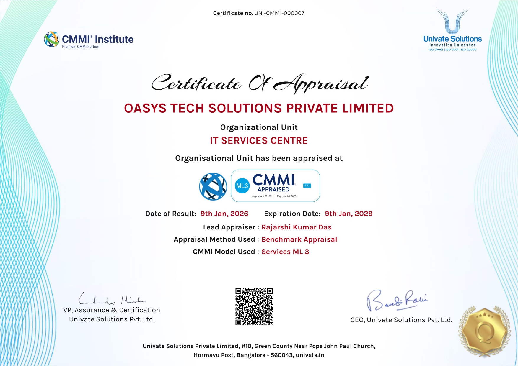 CMMI Lvl 3 Certificate.